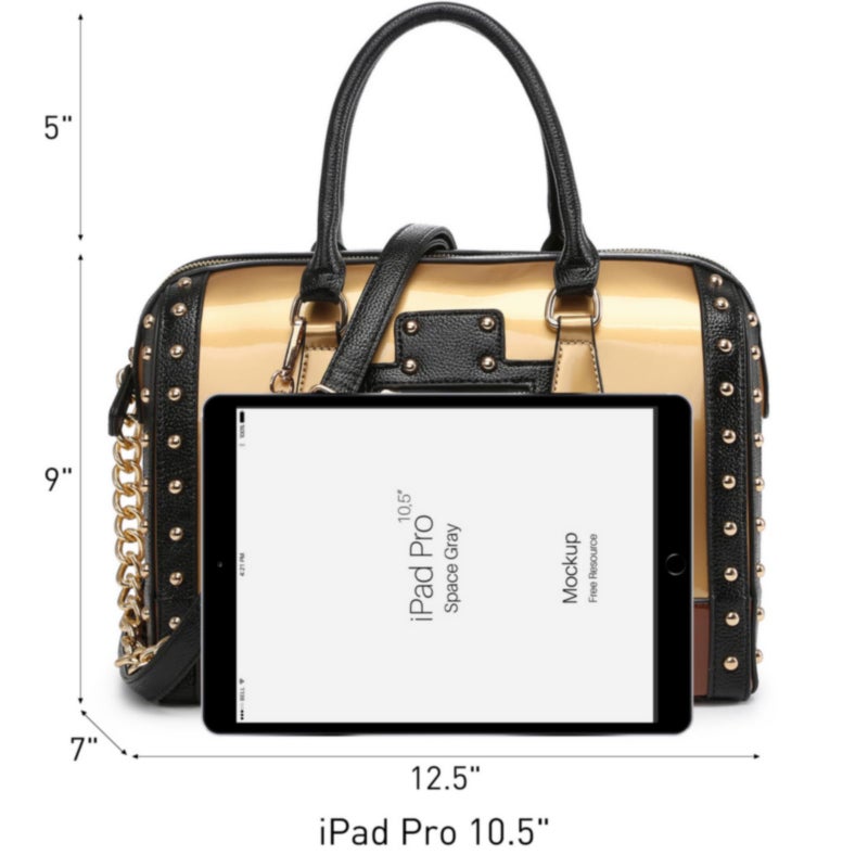 Dasein Women's Barrel Bag Shiny Patent Faux Leather Handbag with Rivet Decoration Top Handle Satchel Shoulder Purse (Large Gold) - Image 4